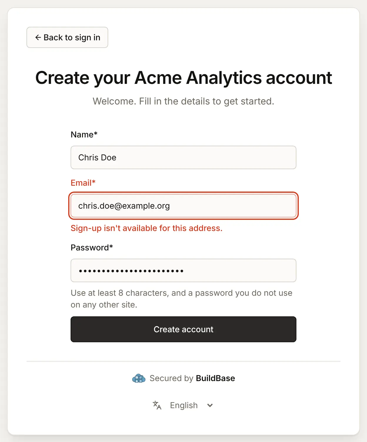 Create account refused for chris.doe@example.org, which is not on the allowlist: "Sign-up isn't available for this address." The same sentence is shown for an address on the blocklist
