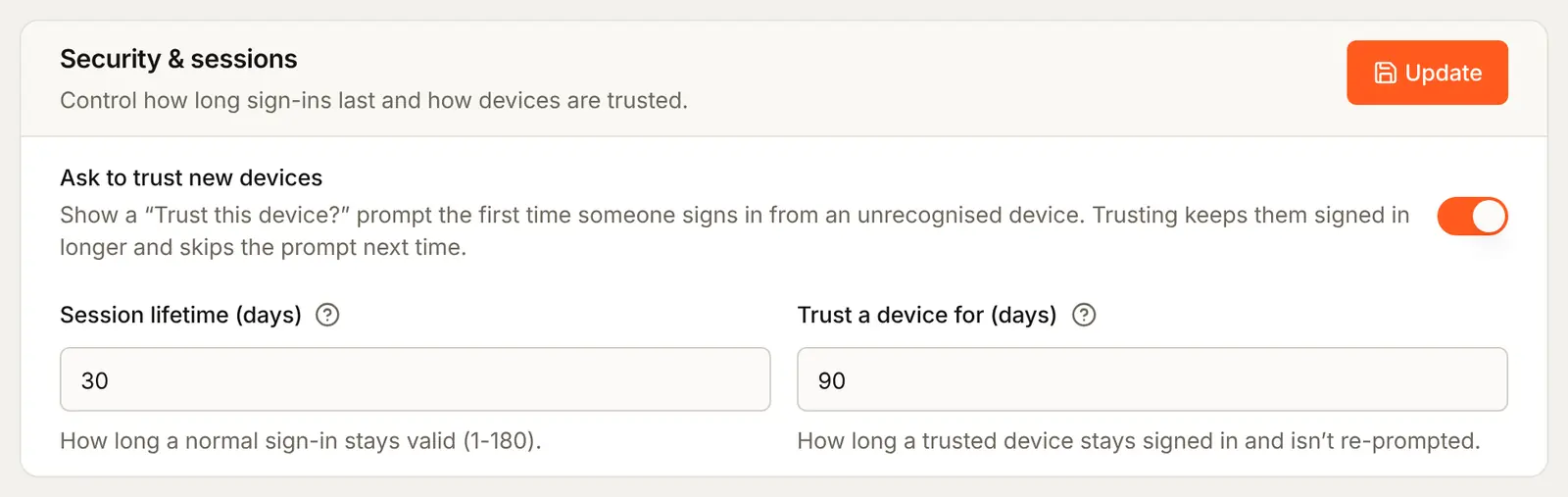 The Security and sessions card: Ask to trust new devices switched on, Session lifetime 30 days and Trust a device for 90 days
