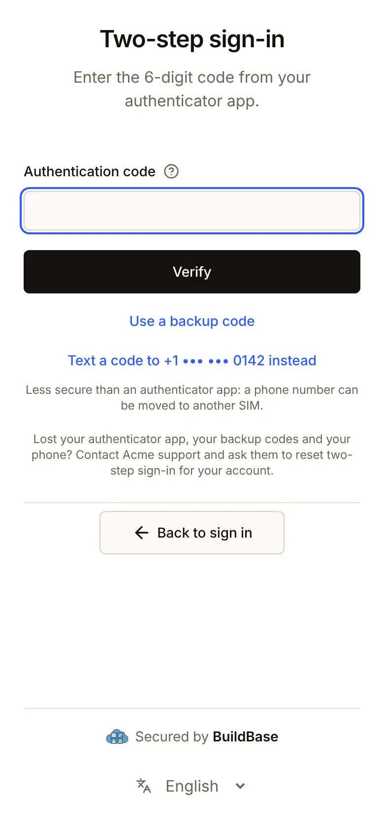 The same Two-step sign-in page at phone width: the code box and Verify fill the width, with the backup code and text message links below