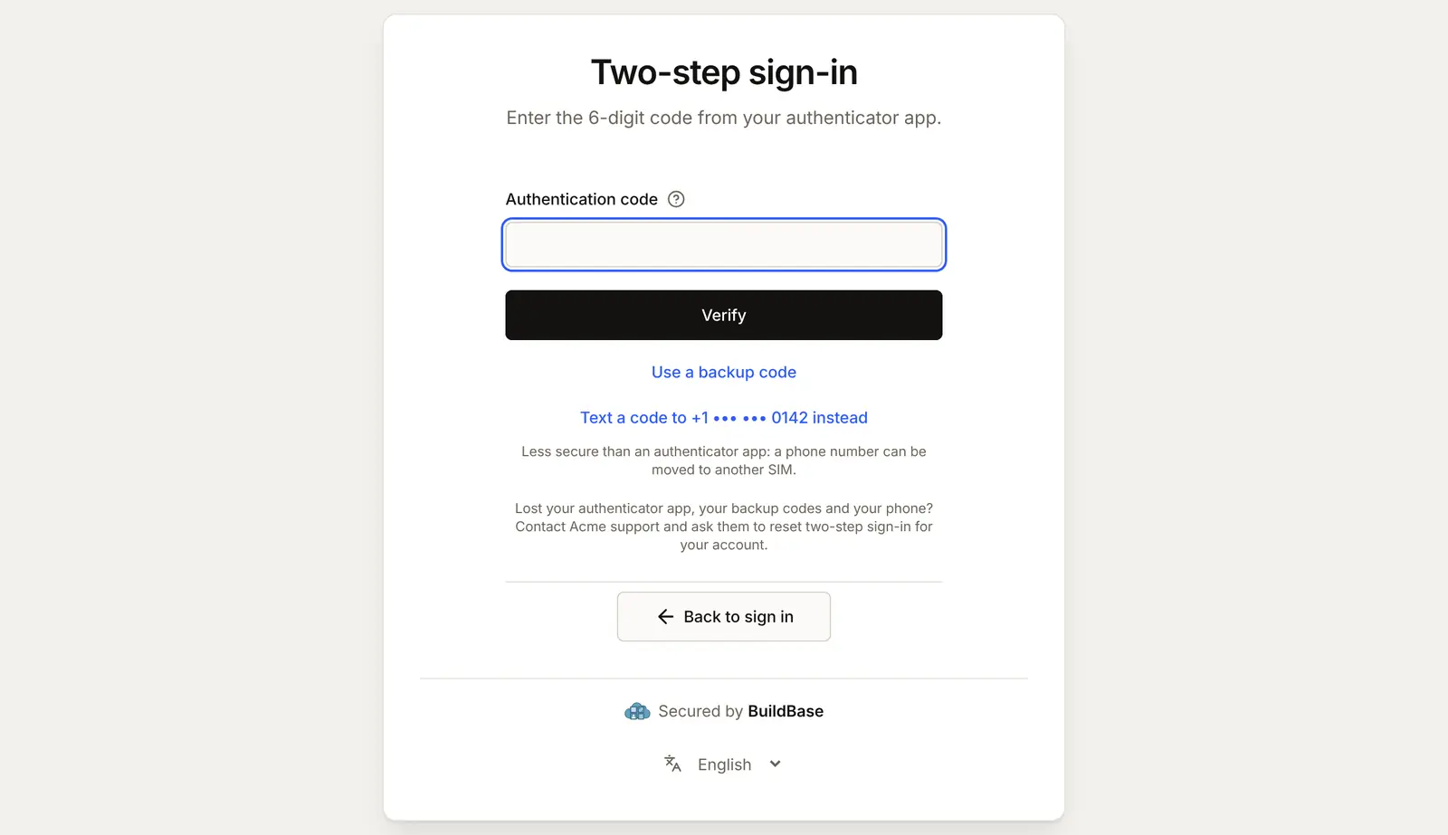 The Two-step sign-in page after the password: the box Authentication code, a Verify button, and links Use a backup code and Text a code to the masked number