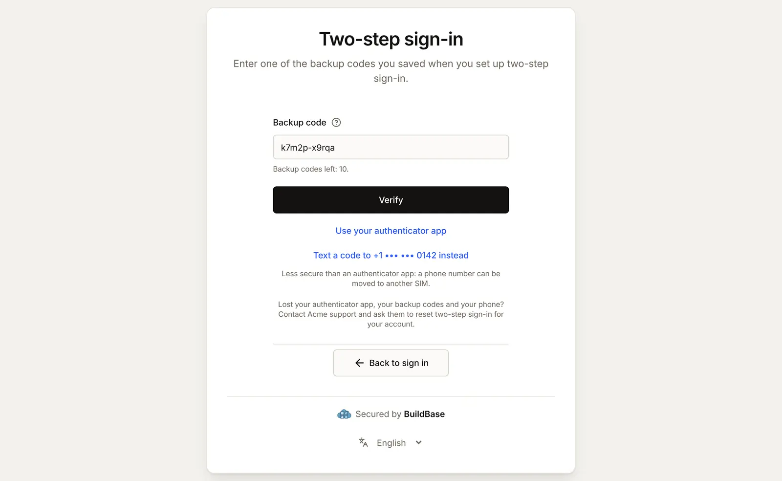 Use a backup code: Enter one of the backup codes you saved when you set up two-step sign-in, with the example code k7m2p-x9rqa in the Backup code box and a Verify button