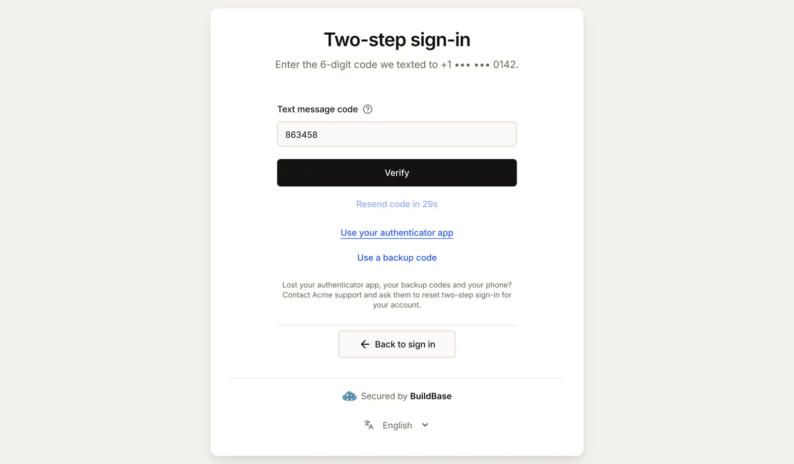 A code by text message as the second step: Enter the 6-digit code we texted to the masked number, the Text message code box with the code typed in, Verify, and links back to the authenticator app or a backup code