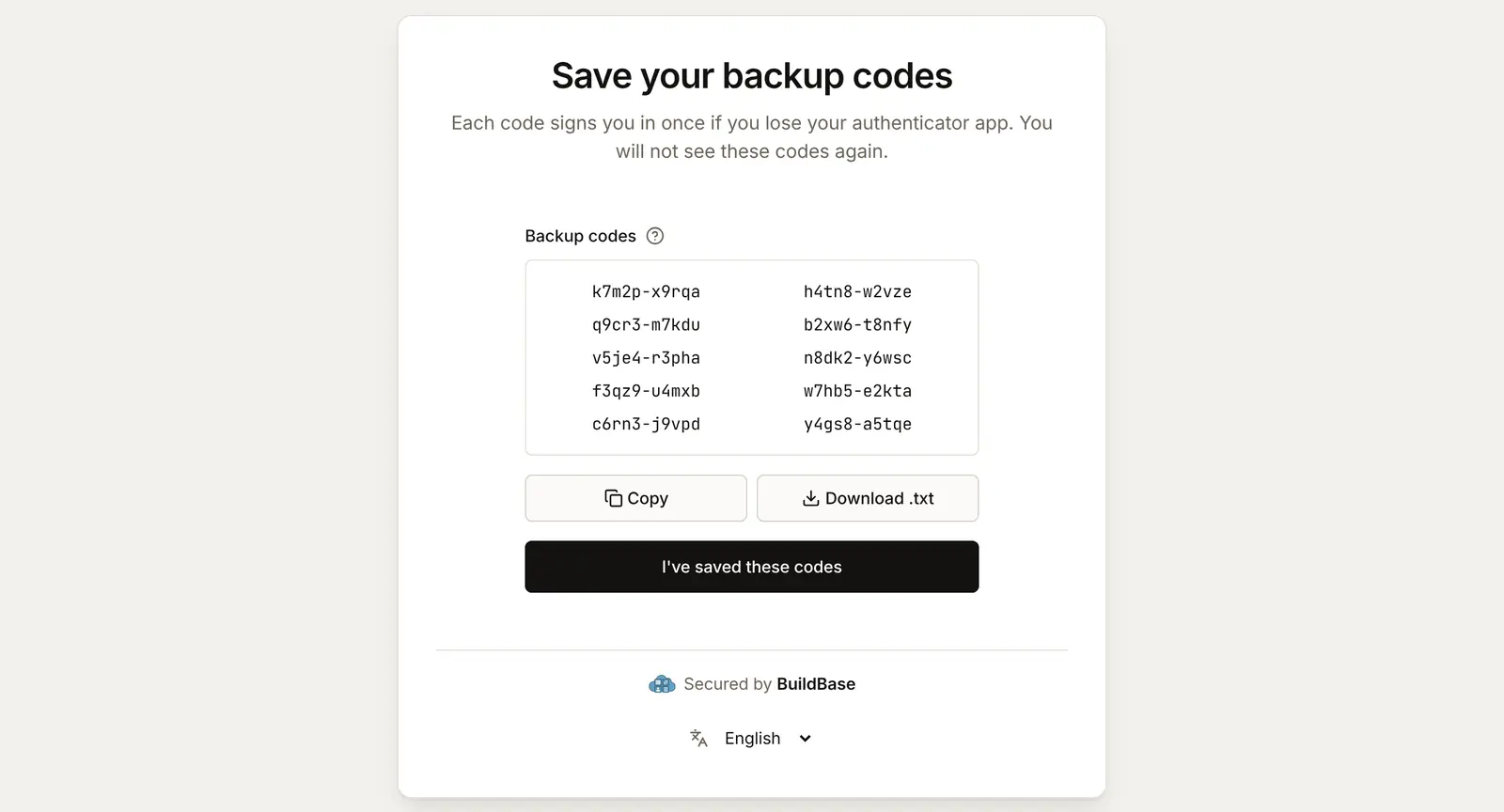 Save your backup codes on the sign-in page: ten example codes, Copy and Download .txt buttons, and I've saved these codes to carry on into the app