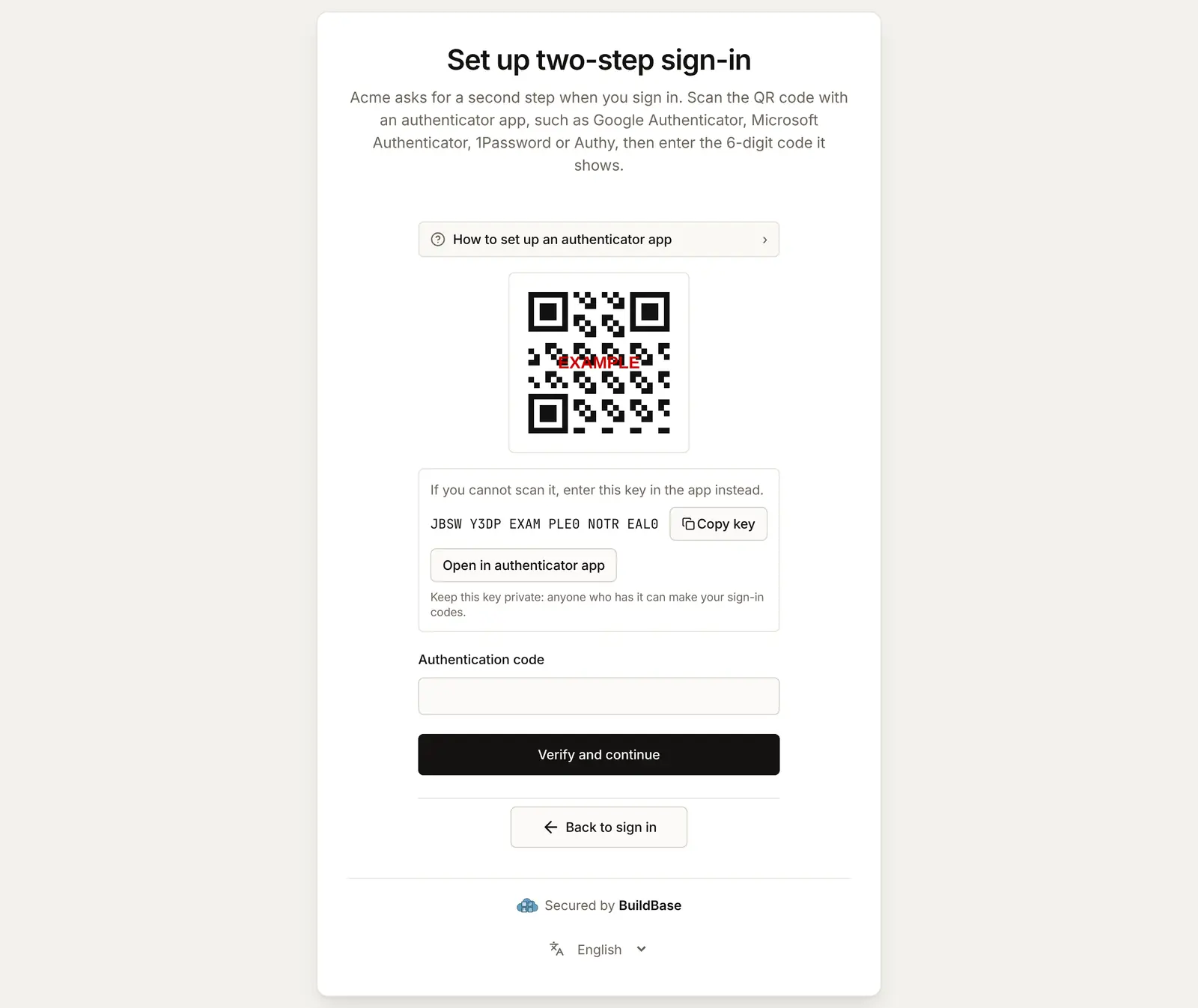 Set up two-step sign-in on the sign-in page, under Required: an example QR code to scan, the example set-up key with Copy key, and the code box with Verify and continue