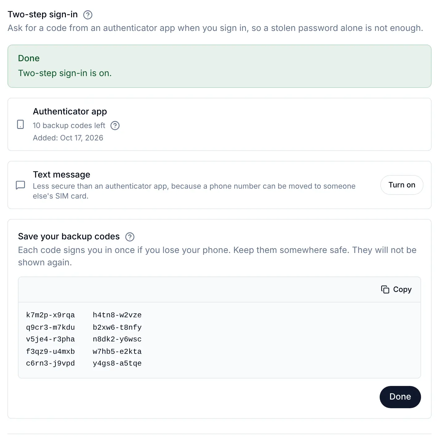 Two-step sign-in is on: the section shows Save your backup codes with ten example codes such as k7m2p-x9rqa, a Copy button and Done, and a note that they will not be shown again