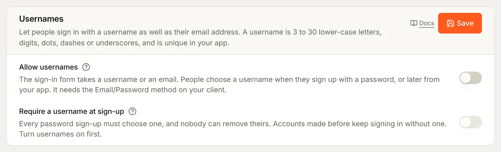 The Usernames card on the Sign-up tab, both switches off: Allow usernames, which lets the sign-in form take a username or an email, and Require a username at sign-up, which needs usernames on first