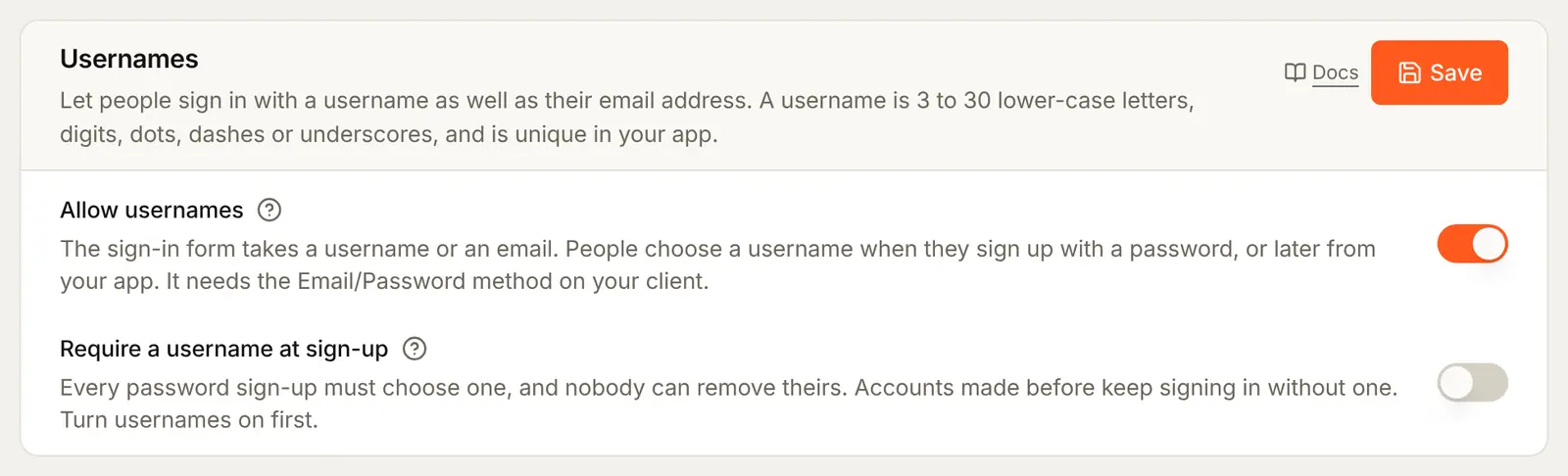 The Usernames card with Allow usernames switched on and Require a username at sign-up still off, before pressing Save