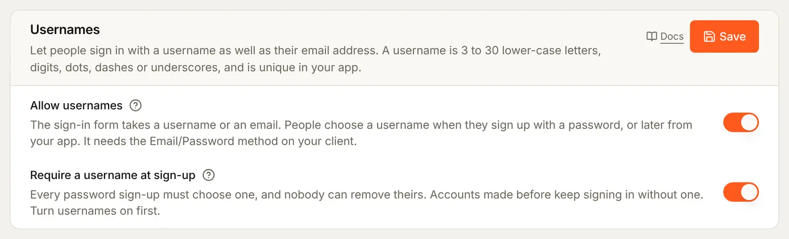 The Usernames card with both switches on: Allow usernames and Require a username at sign-up, which makes every password sign-up choose one and stops anyone removing theirs