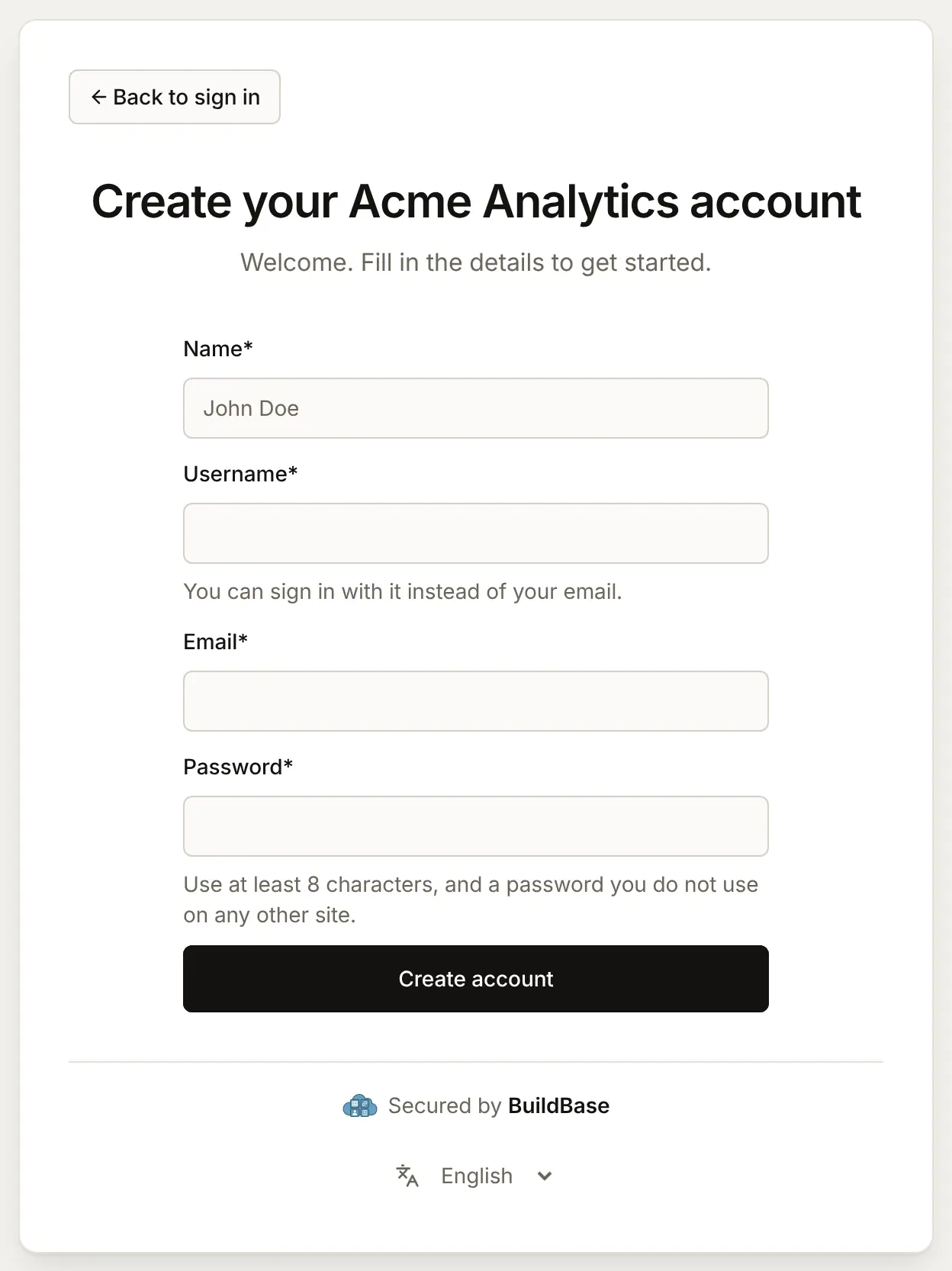 Create account with a username required: the Username box is marked required like Name, Email and Password