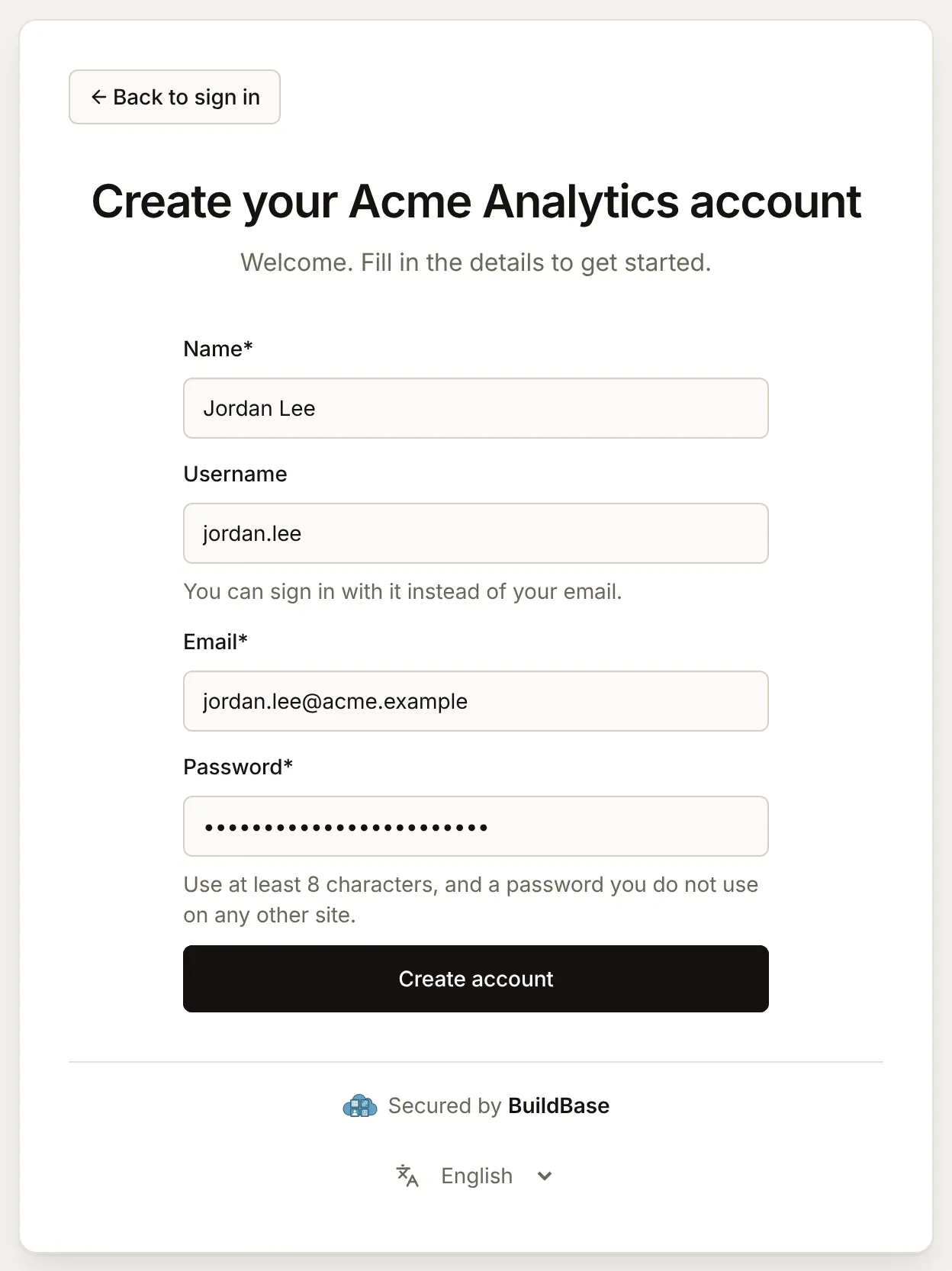 Create your Acme Analytics account with usernames on: Name Jordan Lee, Email jordan.lee@acme.example, an optional Username box holding jordan.lee with "You can sign in with it instead of your email" under it, and a Password