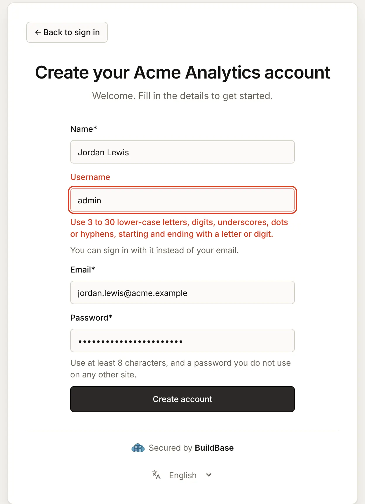 Create account refused for the username admin, which is kept back: the rule for usernames is shown under the Username box