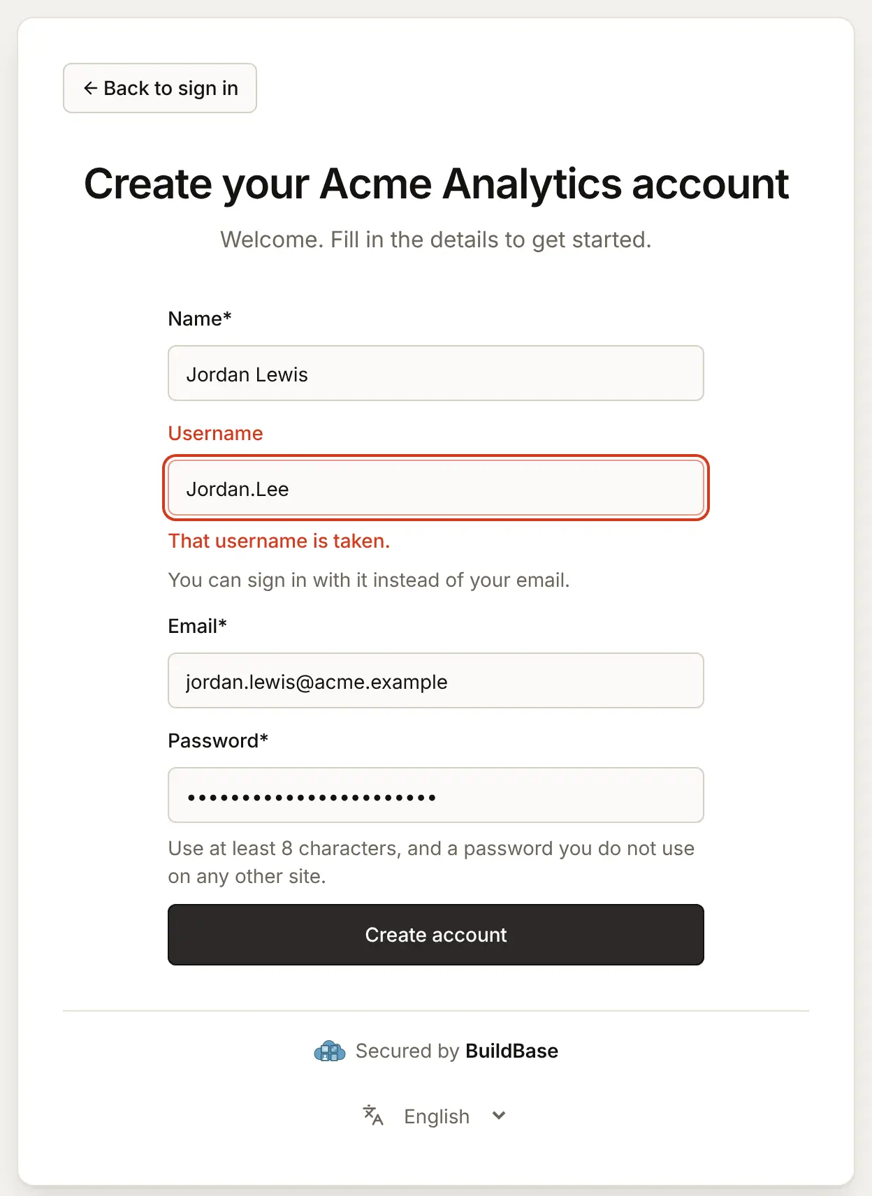 Create account refused because Jordan.Lee is the same name as jordan.lee, which is taken: "That username is taken. Choose another." under the Username box
