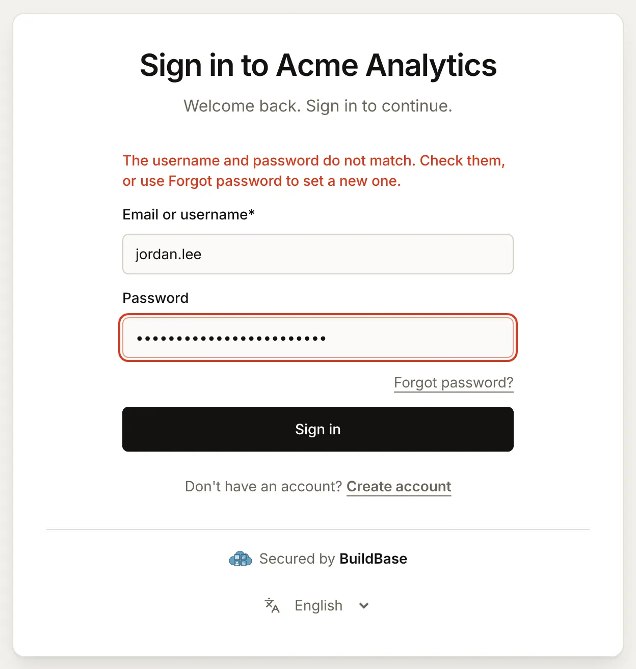 Signing in with the username jordan.lee and a wrong password: "The username and password do not match. Check them, or use Forgot password to set a new one."
