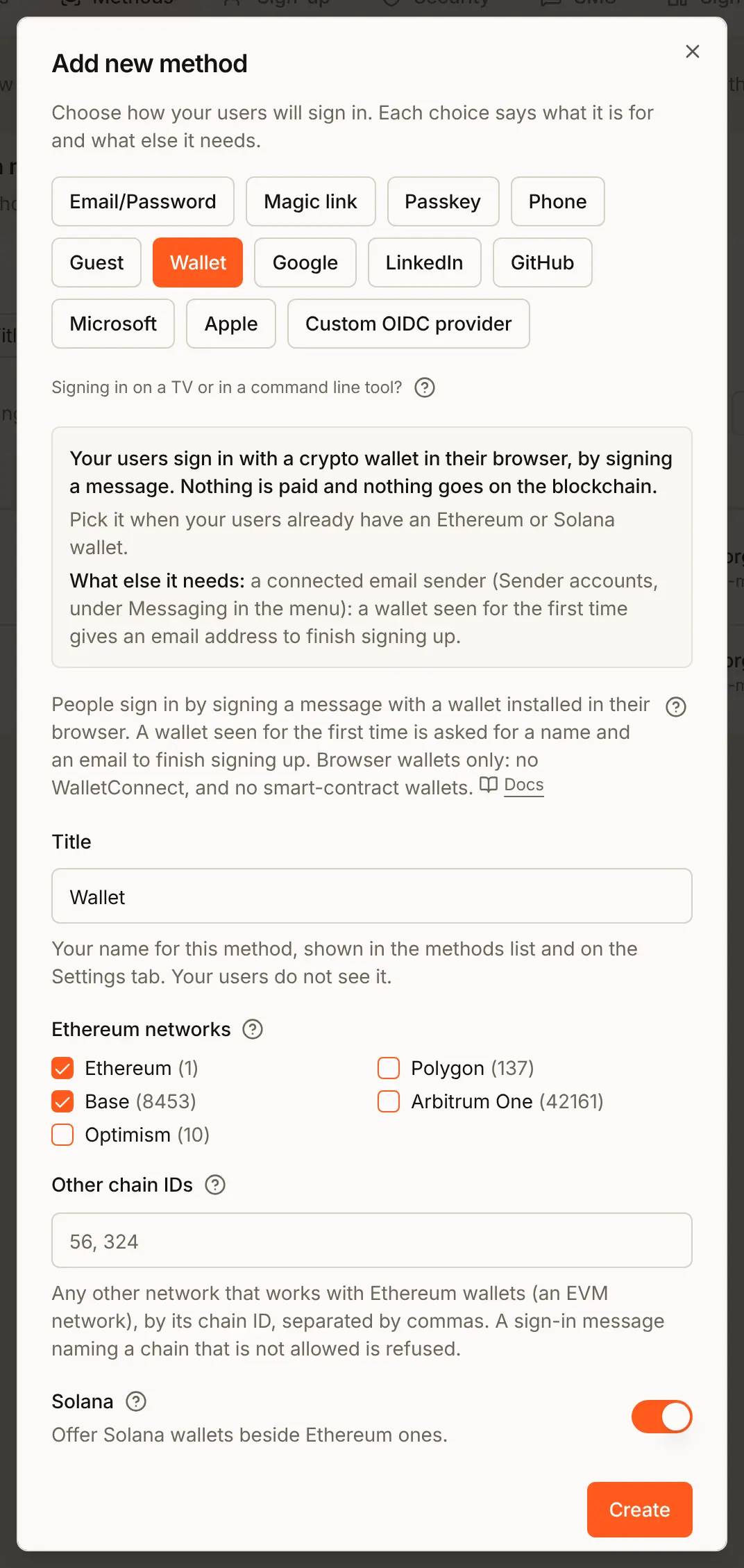 The Add new method dialog with Wallet chosen: the Title Wallet, Ethereum networks with Ethereum (1) and Base (8453) ticked, an empty Other chain IDs box, and the Solana switch on