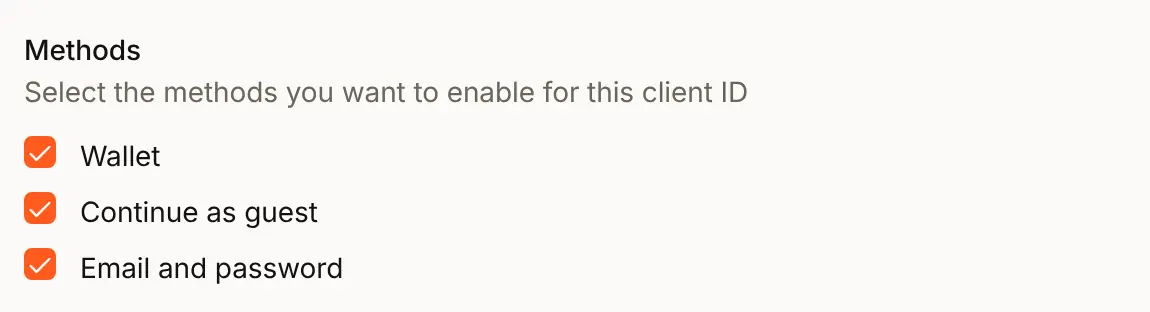 The Methods list in the Edit auth setting sheet for Acme Analytics with Email and password and Wallet ticked
