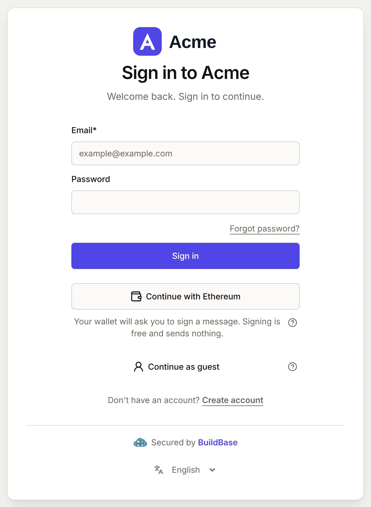 After Continue with a wallet in a browser with an Ethereum wallet: Continue with Ethereum, and a line saying the wallet will ask you to sign a message, which is free and sends nothing