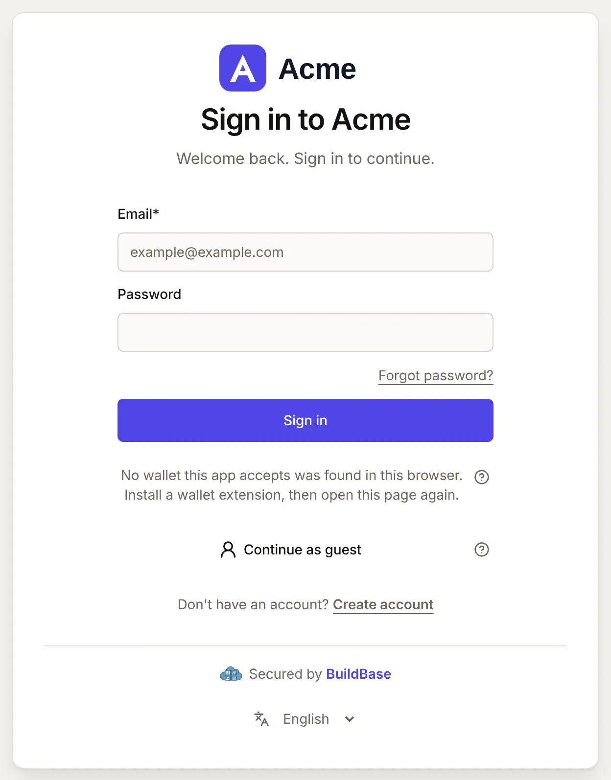 Continue with a wallet in a browser with no wallet: the panel says no wallet this app accepts was found and to install a wallet extension, with a What is a wallet? question mark
