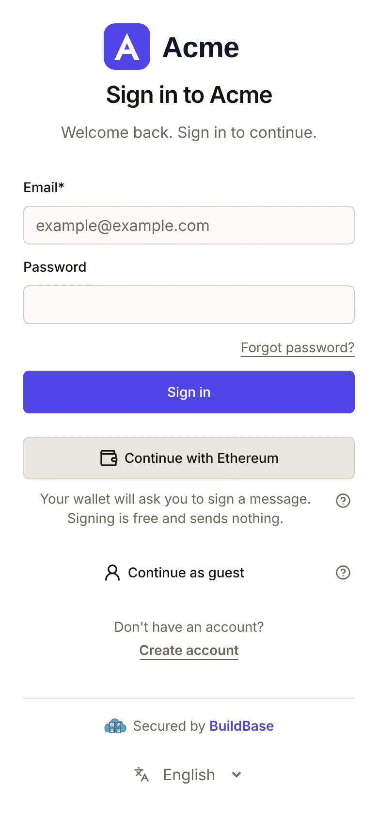 The wallet choice on a phone: Continue with Ethereum under the email form, with the line about signing being free