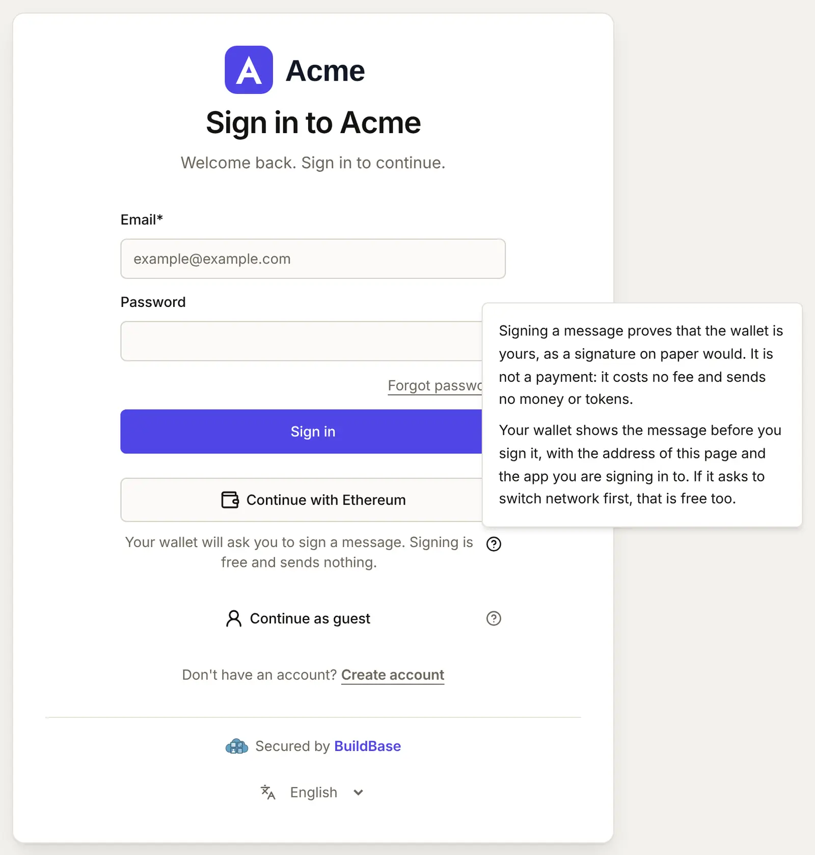 The What does signing mean? note open beside the wallet choice: signing proves the wallet is yours, is not a payment, and the wallet shows the message with this page and the app first