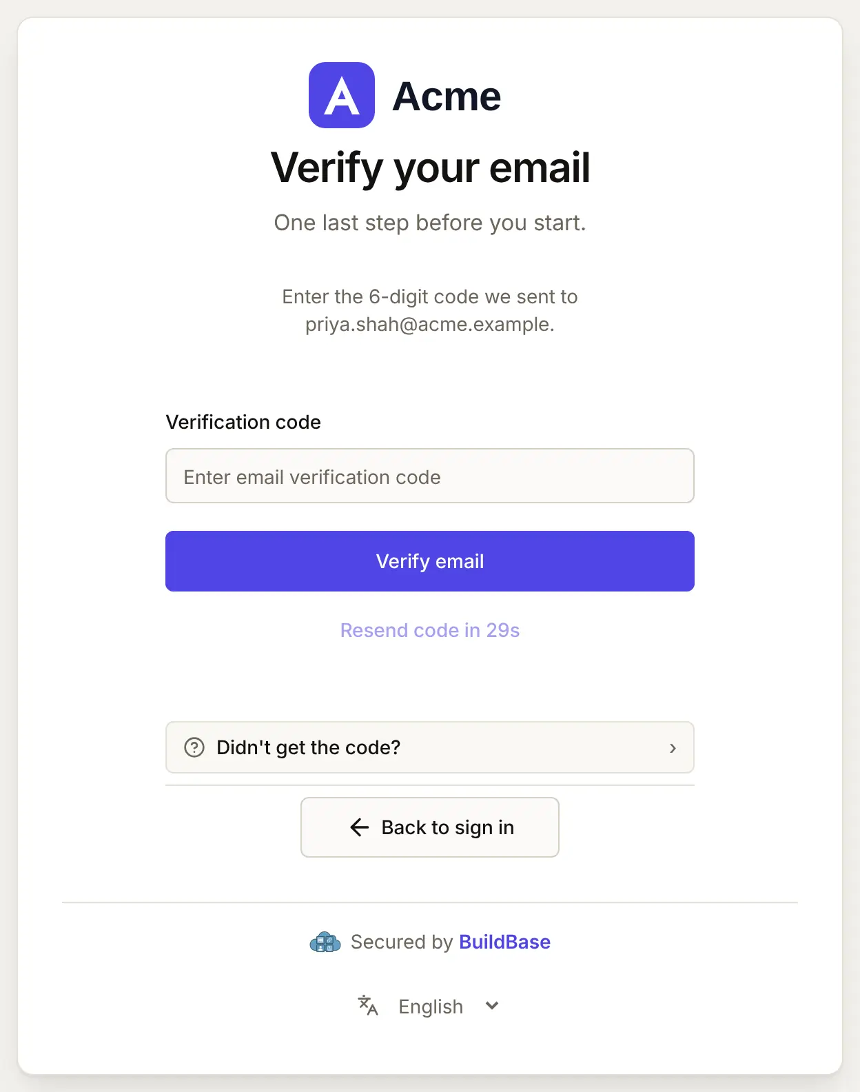 Verify your email after a wallet sign-up: a code went to priya.shah@acme.example, with a box for it