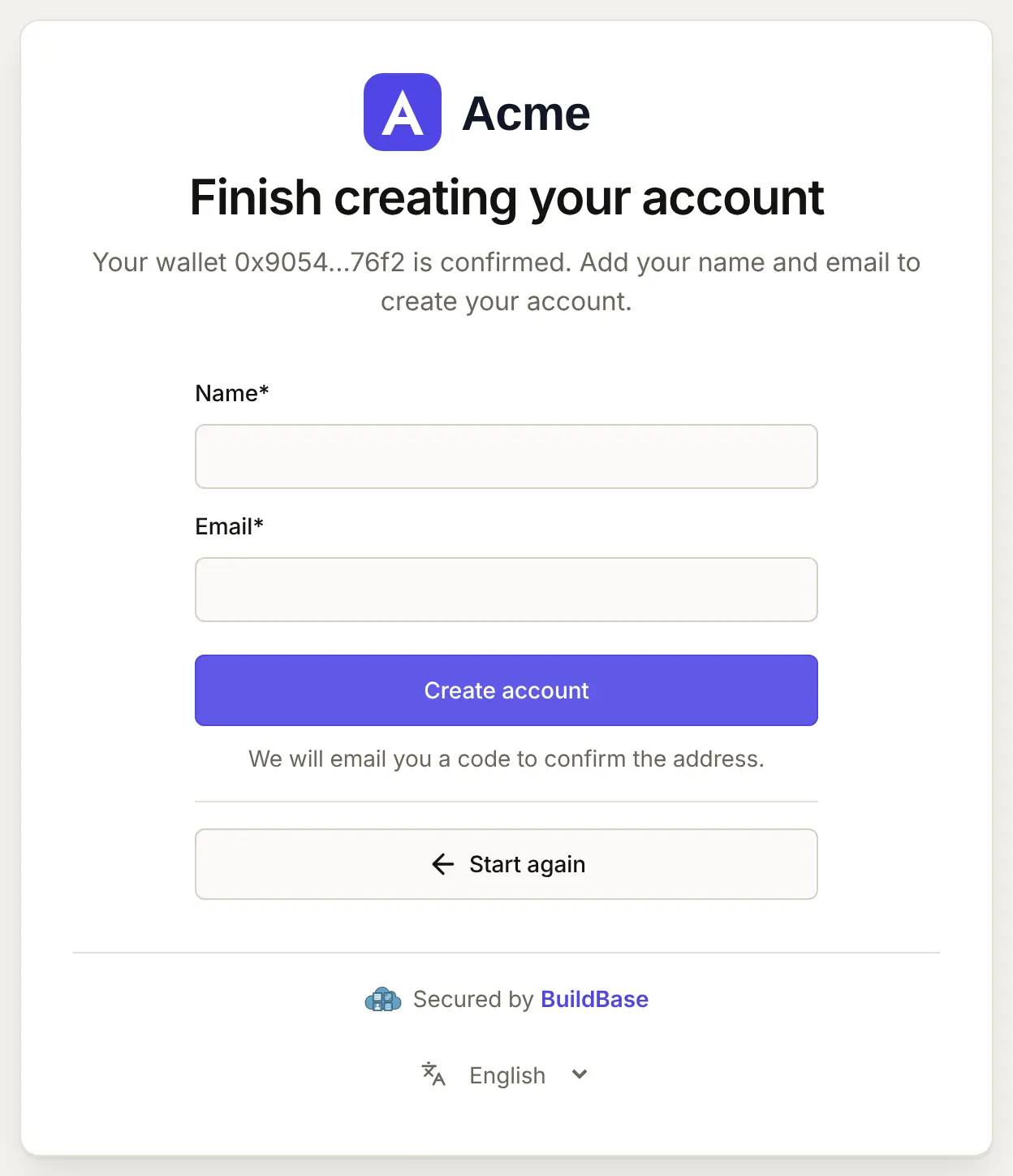 Finish creating your account: the wallet address is confirmed, with Name and Email boxes to create the account