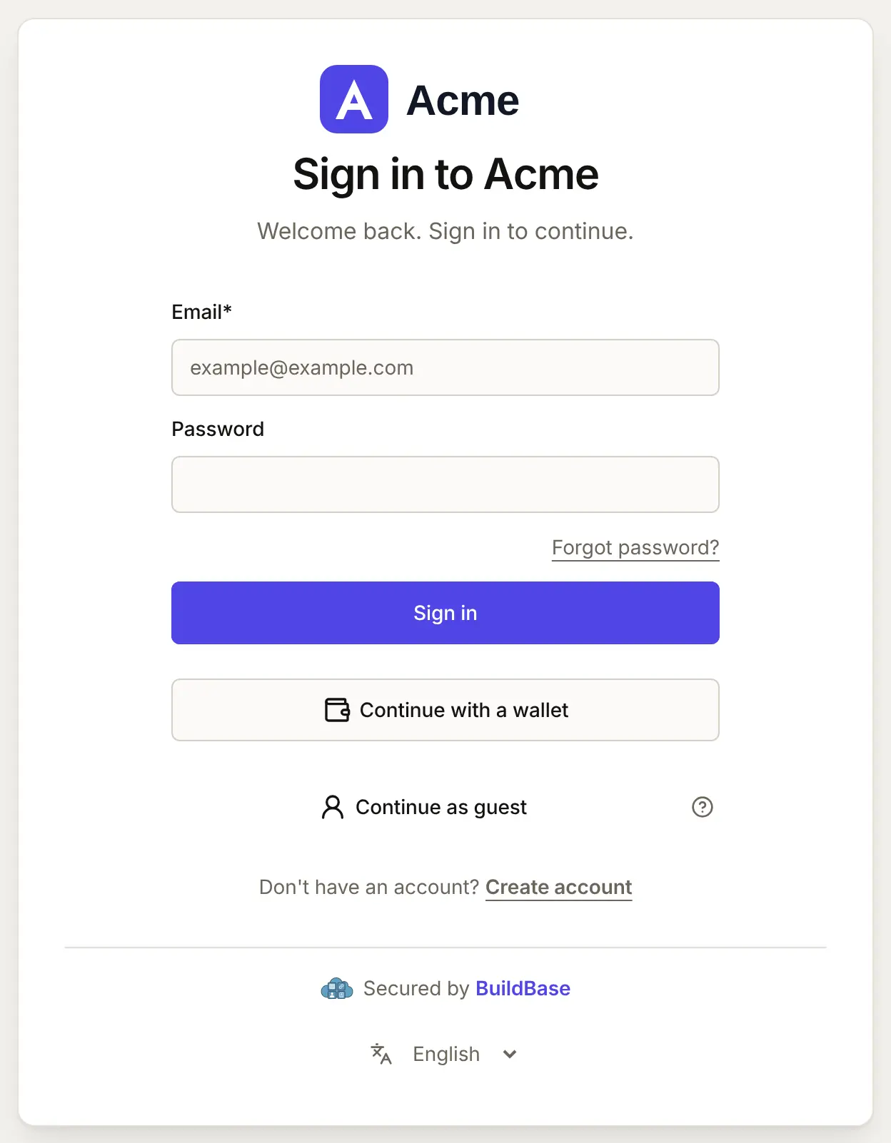 The live Acme sign-in page opened from the preview: email and password, then a Continue with a wallet button under the form