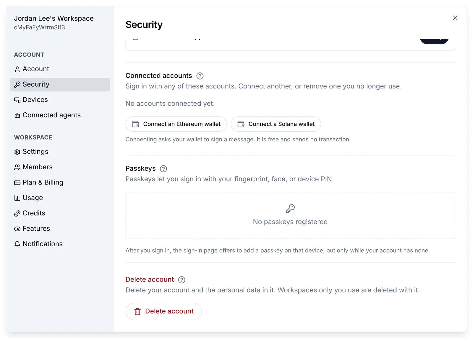 The Security screen in the app, at Connected accounts: Connect an Ethereum wallet and Connect a Solana wallet buttons, with the line that connecting asks the wallet to sign a free message