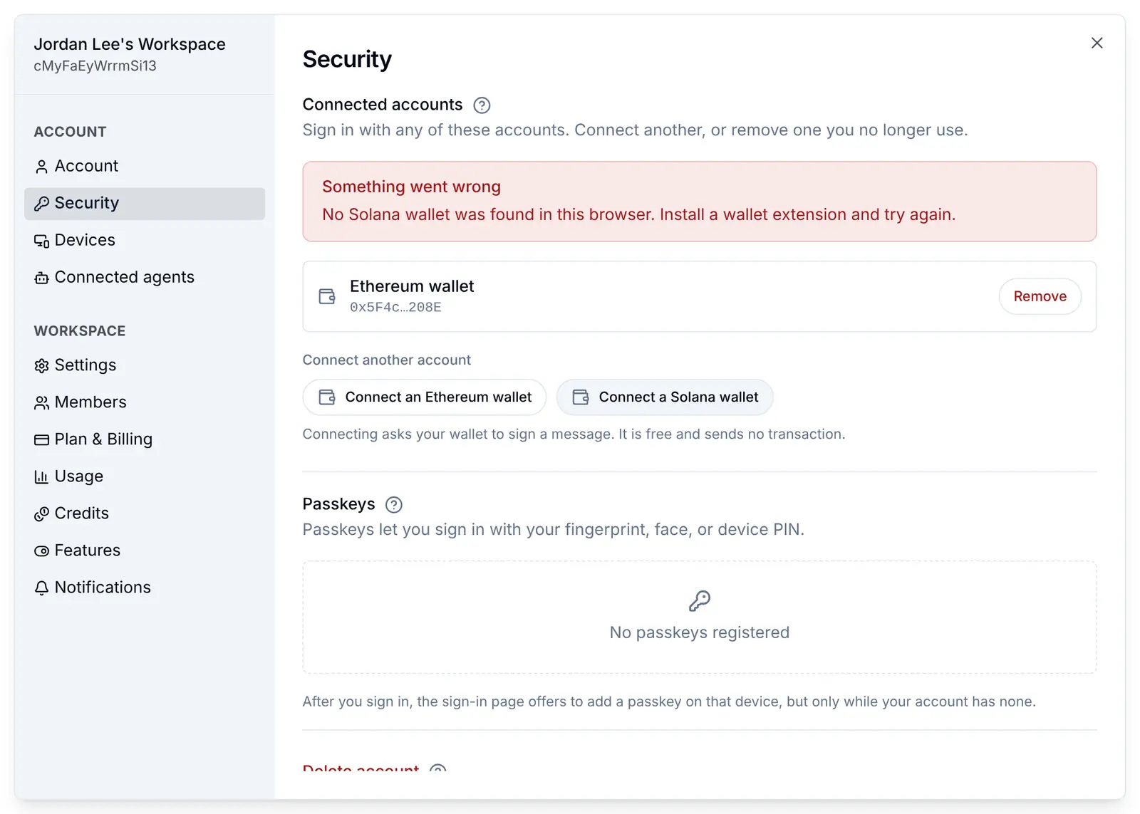 Connect a Solana wallet in a browser without one: No Solana wallet was found in this browser. Install a wallet extension and try again