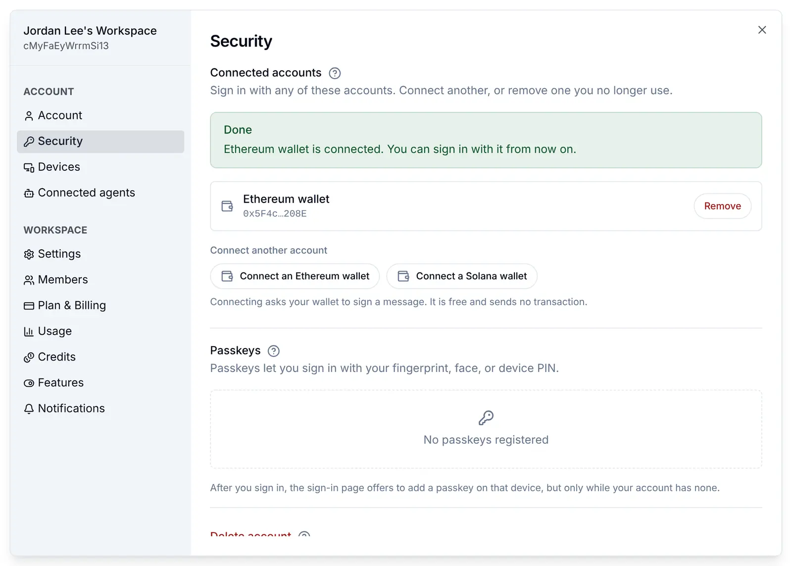 The Security screen after Connect an Ethereum wallet: the wallet is listed under Connected accounts by its short address, with a button to remove it